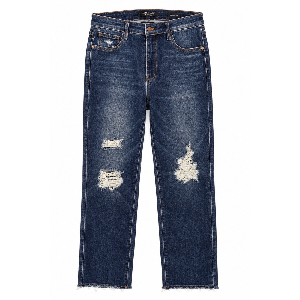 Judy Blue Jeans Womens 13/31 Straight Leg Distressed Ripped Raw Hem Dark Wash
